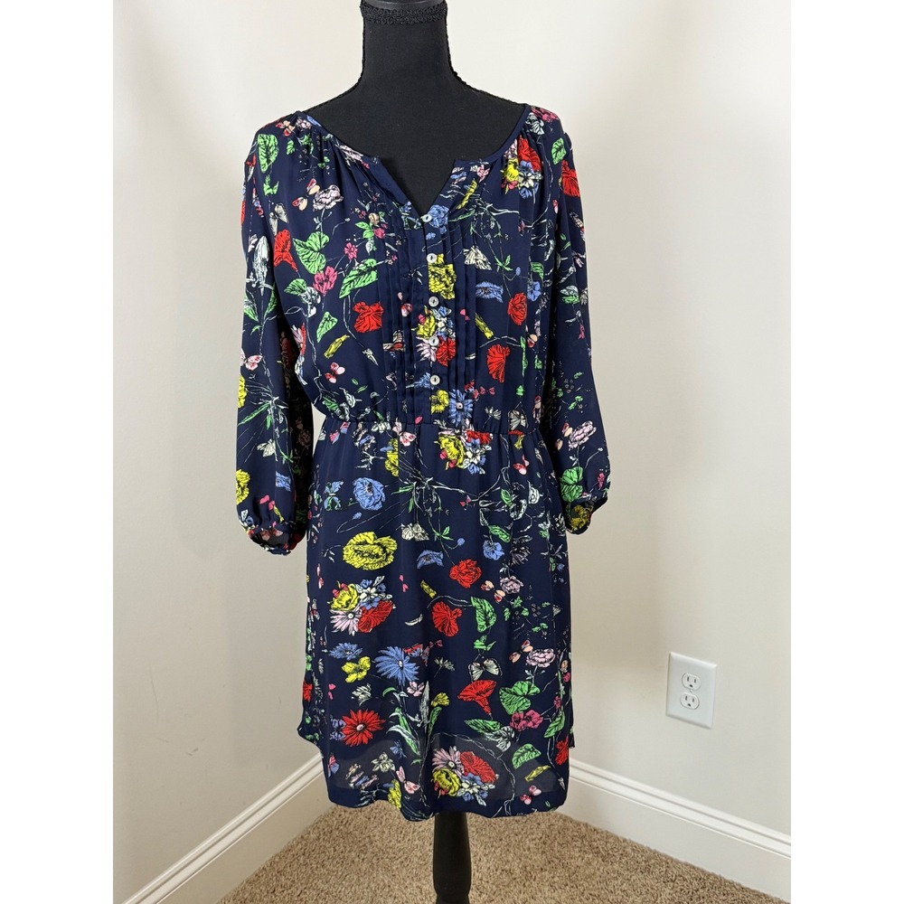 Daniel Rainn Navy Blue Floral Butterfly Pleated Button Front Dress Large